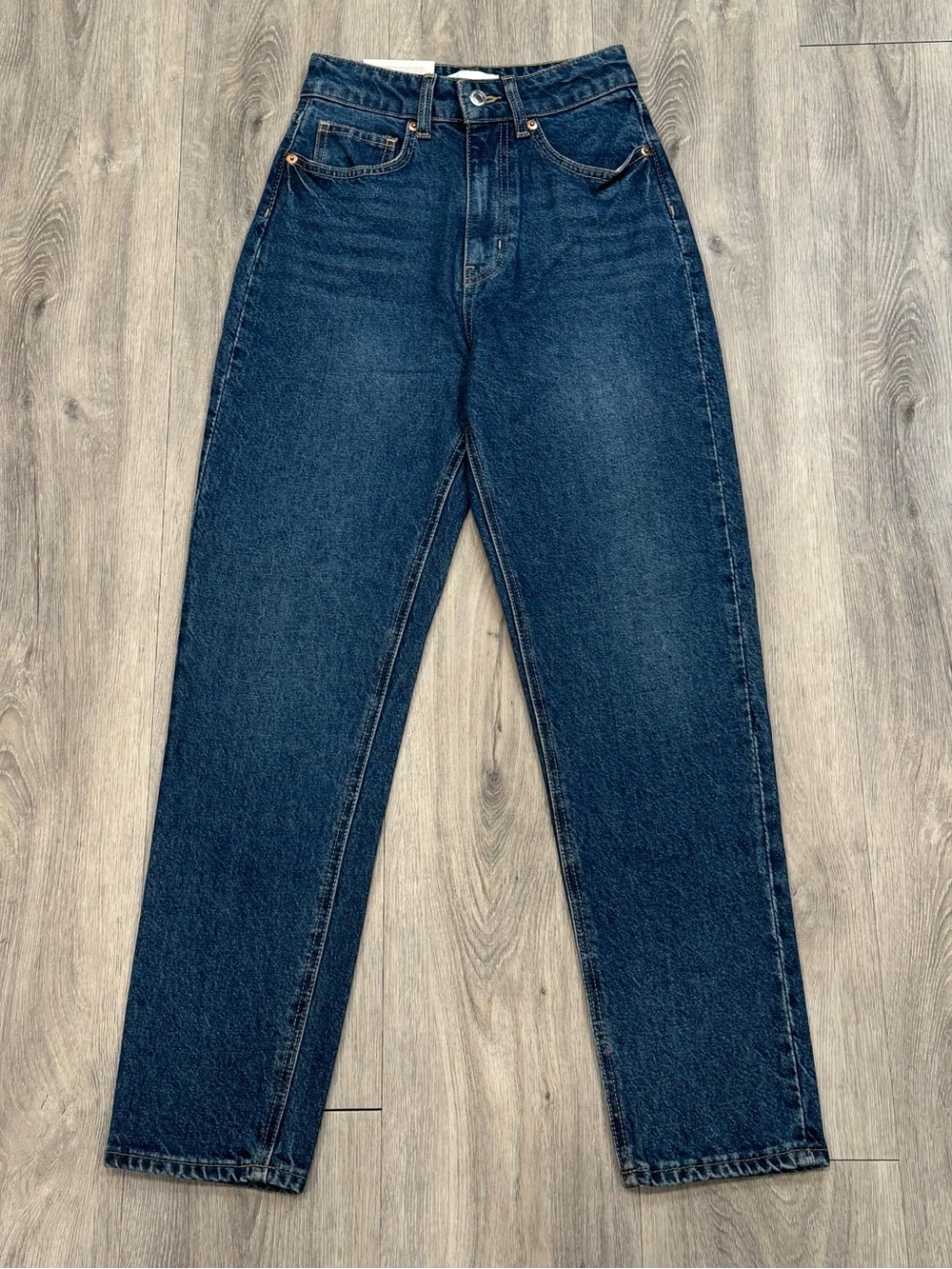 H&M Dark Indigo Stretch Denim High Waist Straight-Leg Ankle Length Mom Jeans